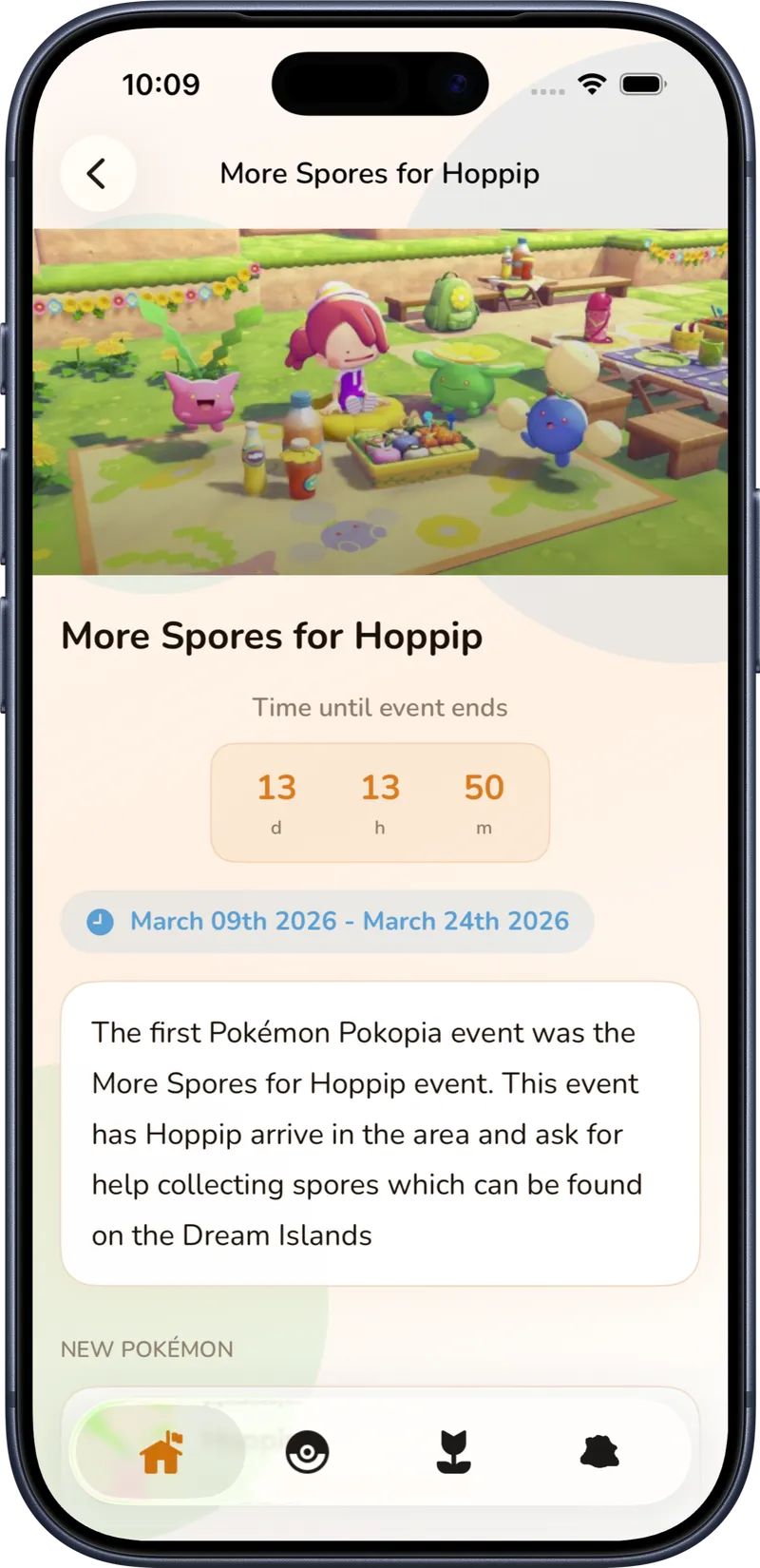 Pokodex app showing a live event with countdown and details