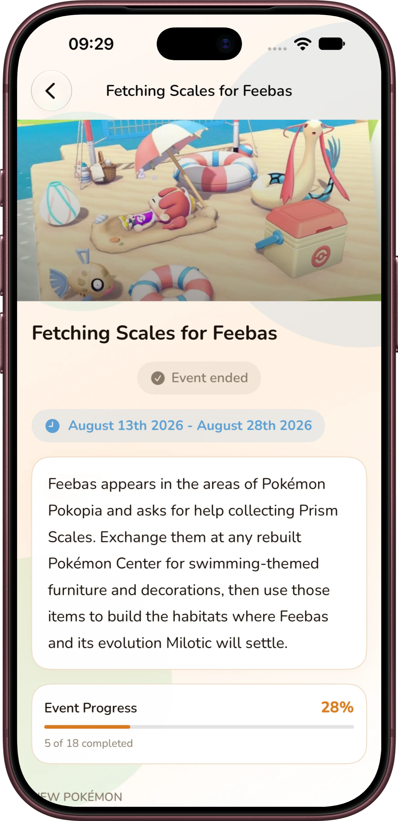 Pokodex showing Pokémon Pokopia event dates, objectives, rewards, and completion progress