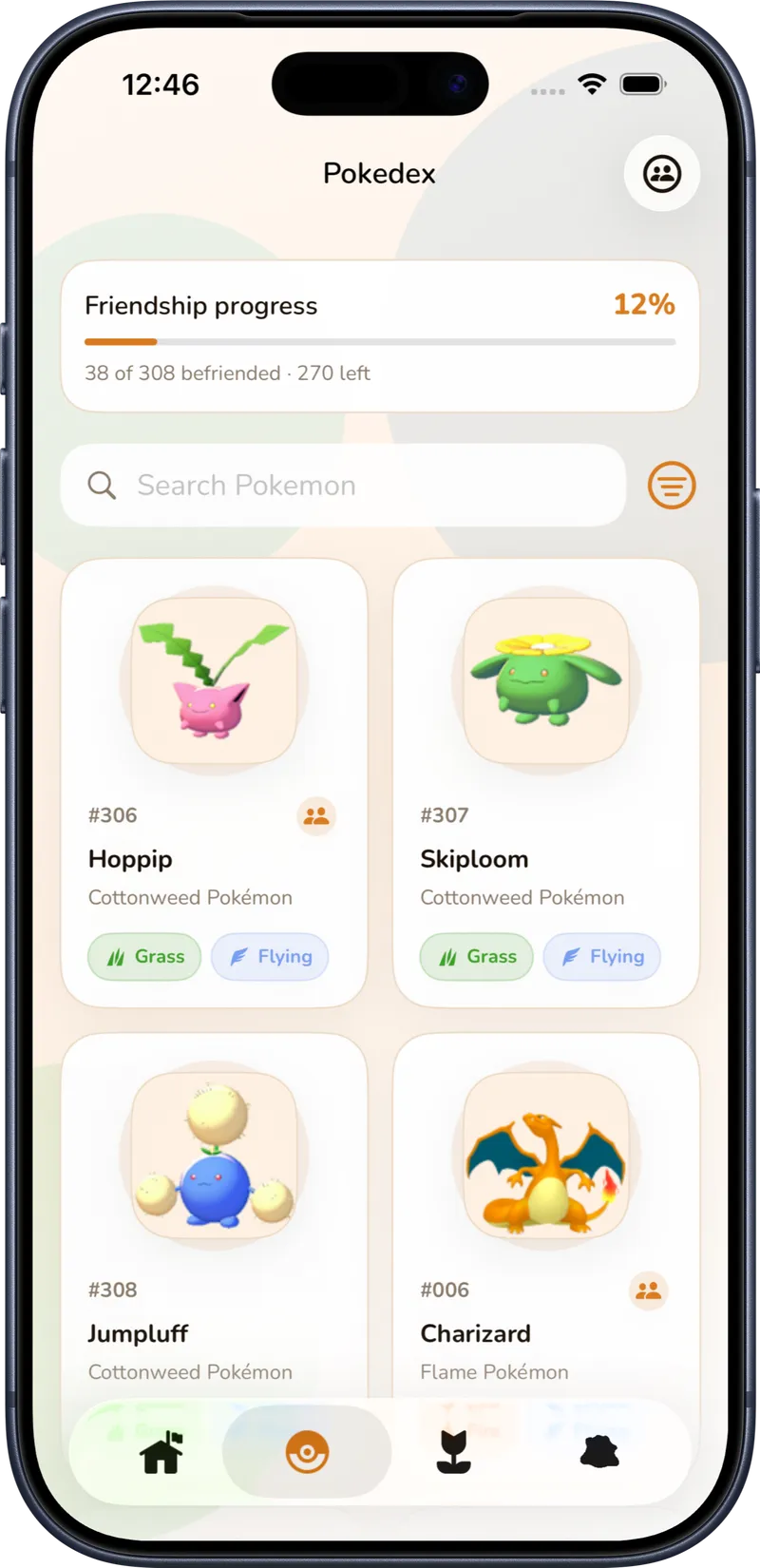 Pokodex app showing friendship progress tracker with befriended Pokémon count