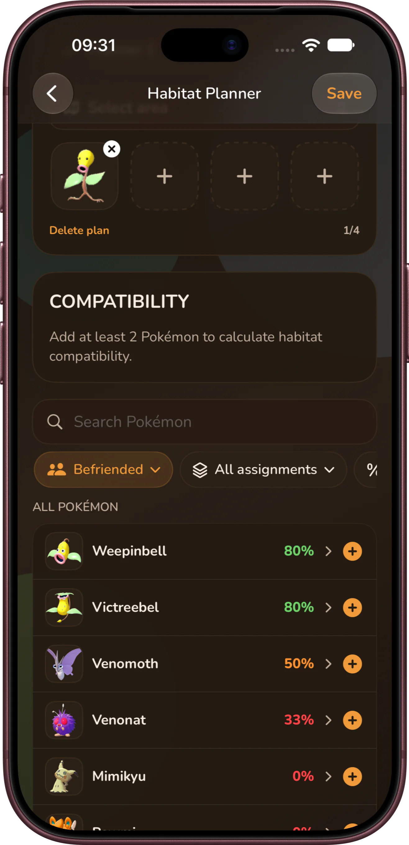 Pokodex Habitat Planner comparing Pokémon compatibility percentages and habitat assignments