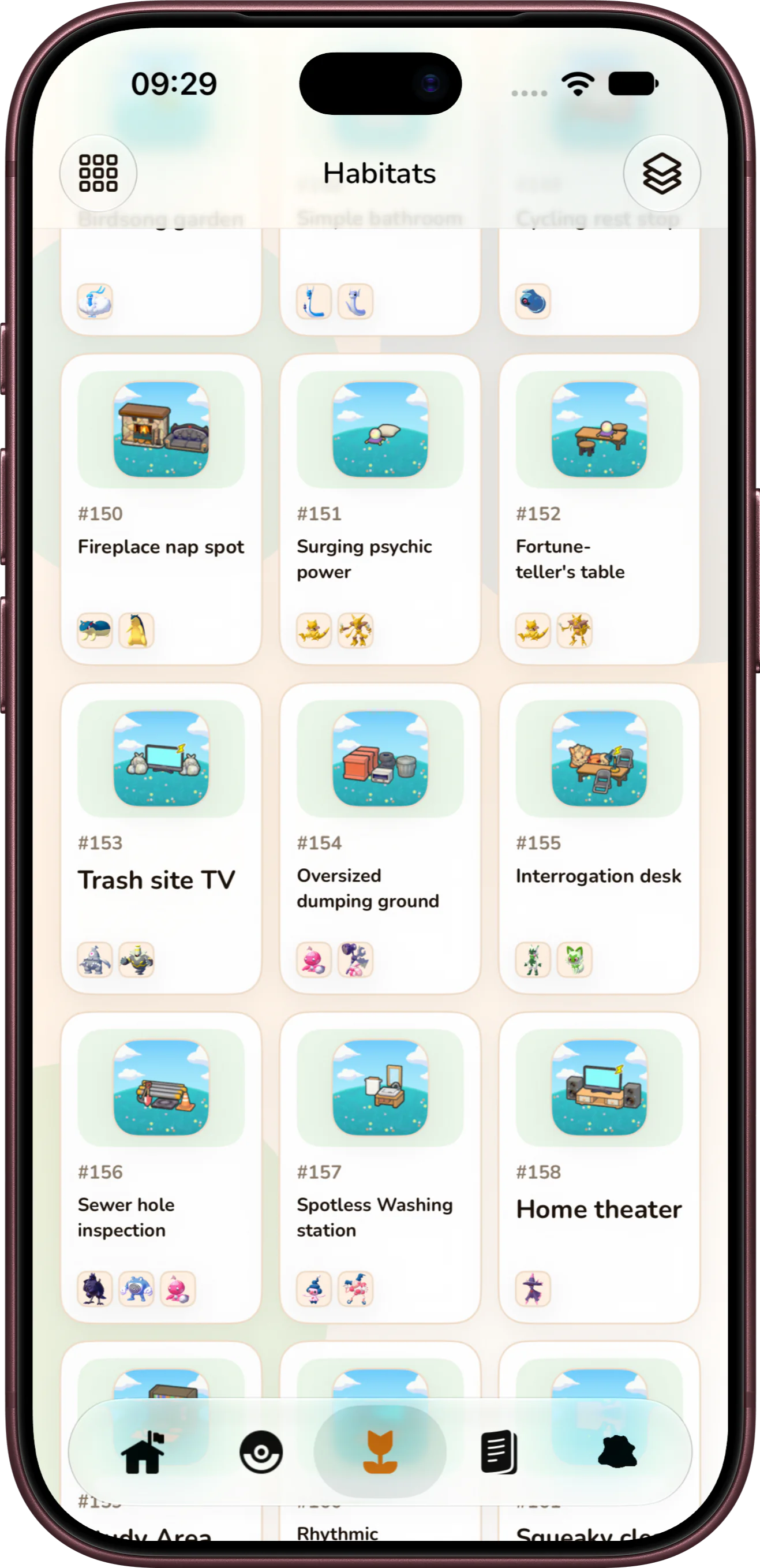 Pokodex habitat catalogue with Pokémon Pokopia habitat artwork and Pokémon previews