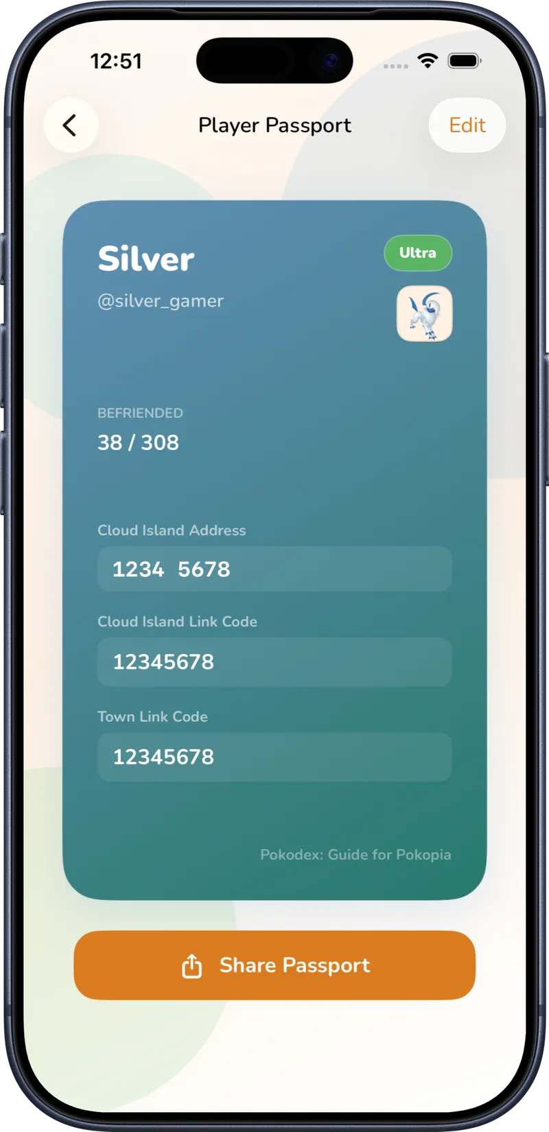 Pokodex app showing the Player Passport with trainer info