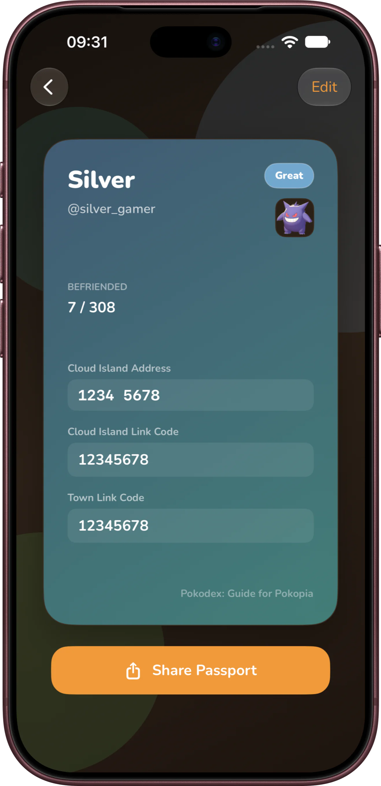 Pokodex Player Passport with Pokémon friendship progress and Cloud Island sharing codes