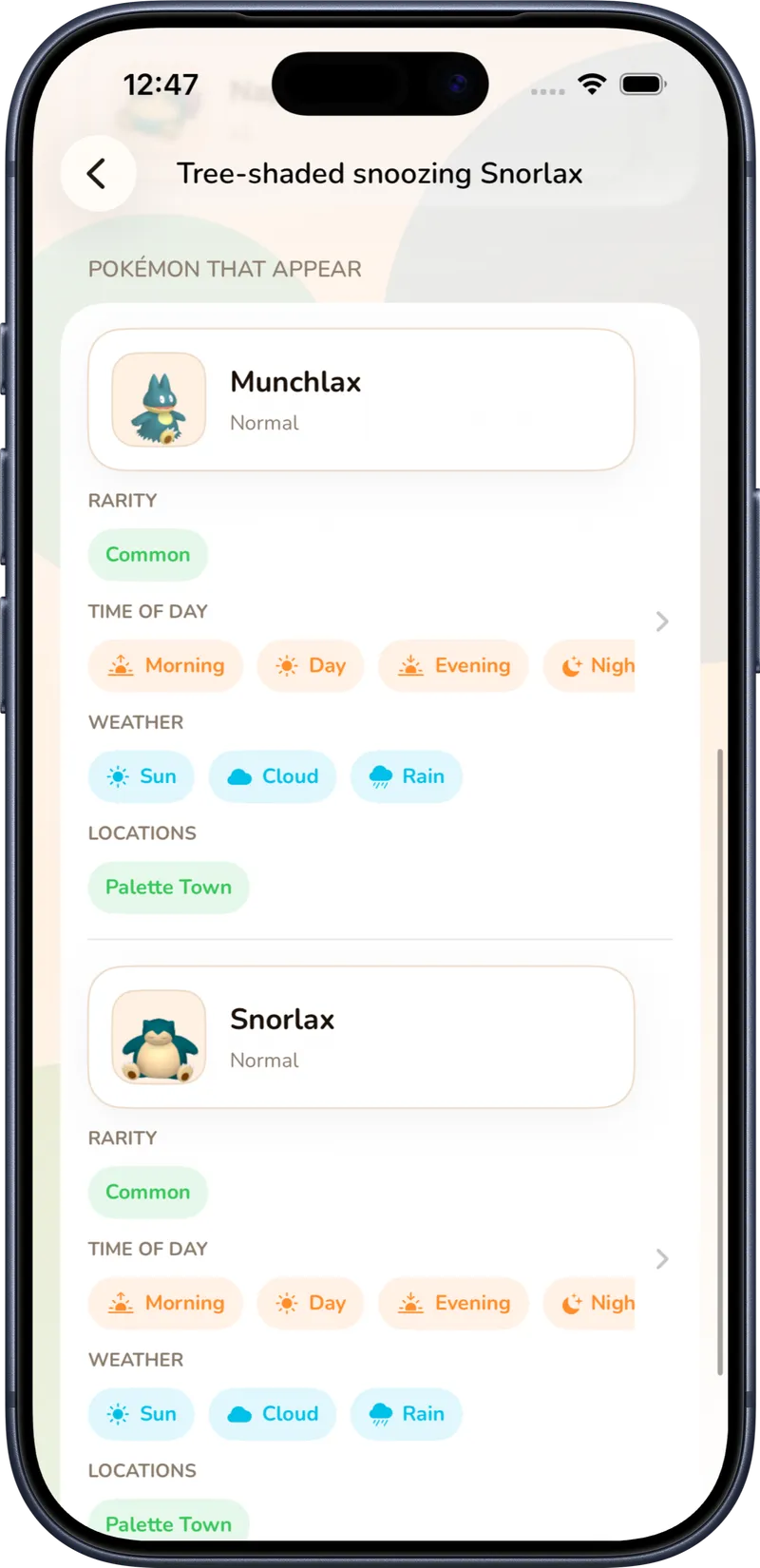 Pokodex habitat page for Pokémon Pokopia with spawn and location details