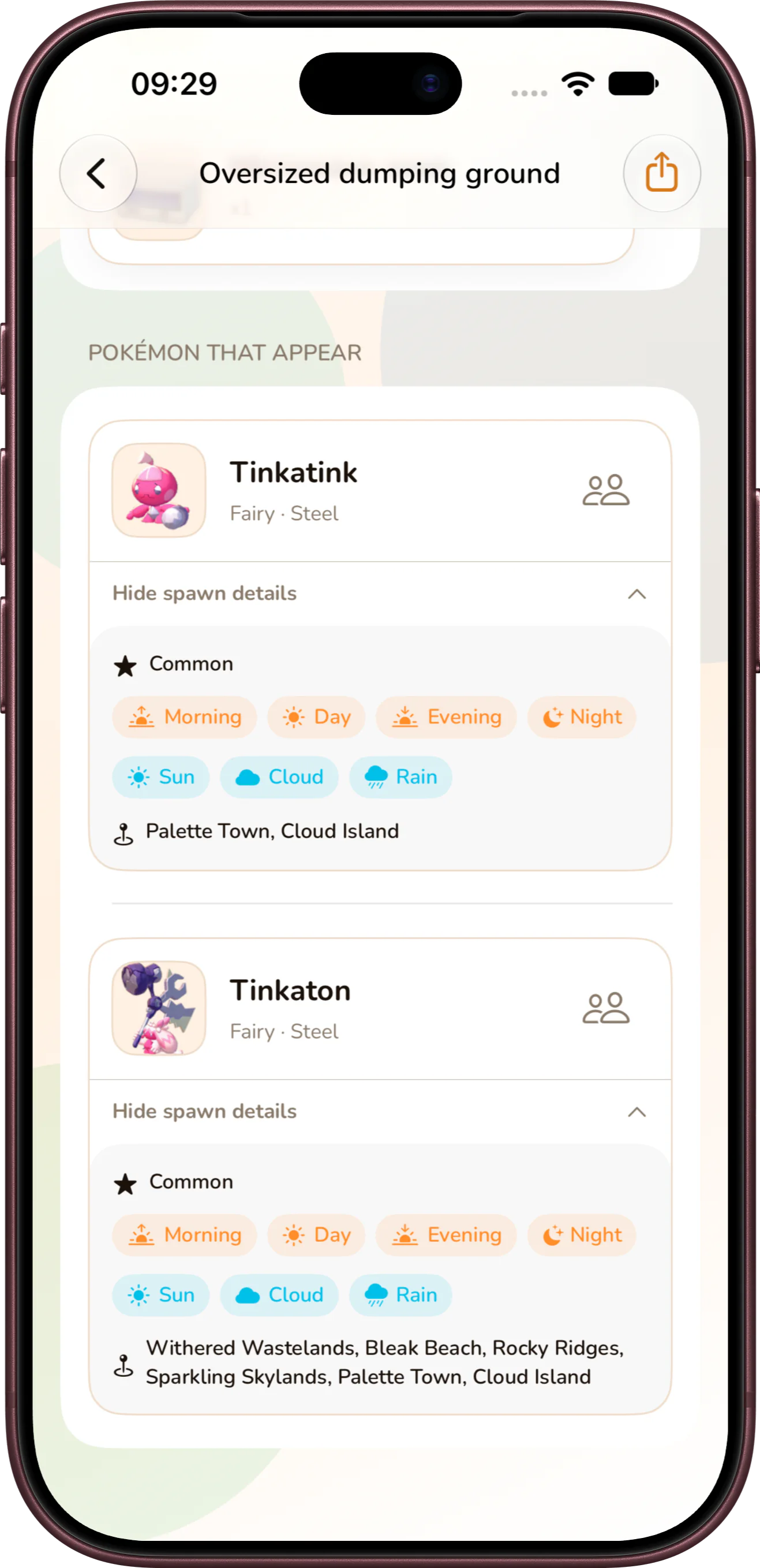 Pokémon Pokopia habitat details with Pokémon rarity, time, weather, and spawn locations